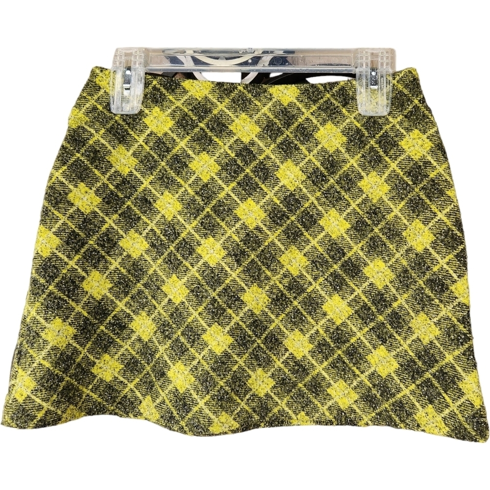 Zara Black & Yellow Plaid Tweed Mini Skirt Size Small